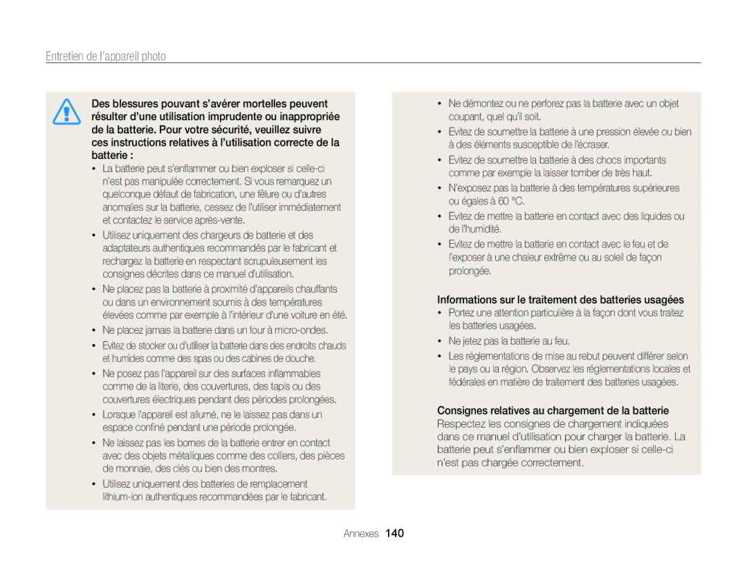 Samsung EC-ST200FBPLFR, EC-ST200FBPBFR, EC-ST200ZBPLE1 manual Ne placez jamais la batterie dans un four à micro-ondes 