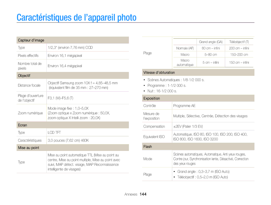 Samsung EC-ST200ZBPLE1, EC-ST200FBPBFR, EC-ST200FBPRFR, EC-ST200ZBPBE1, EC-ST200FBPLE1 Caractéristiques de l’appareil photo 