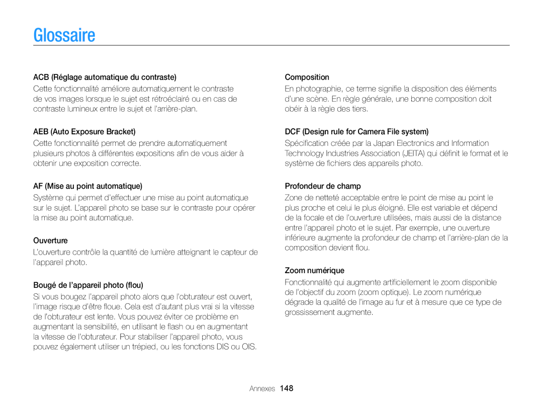 Samsung EC-ST200FBPRE1, EC-ST200FBPBFR, EC-ST200ZBPLE1, EC-ST200FBPRFR manual Glossaire, ACB Réglage automatique du contraste 