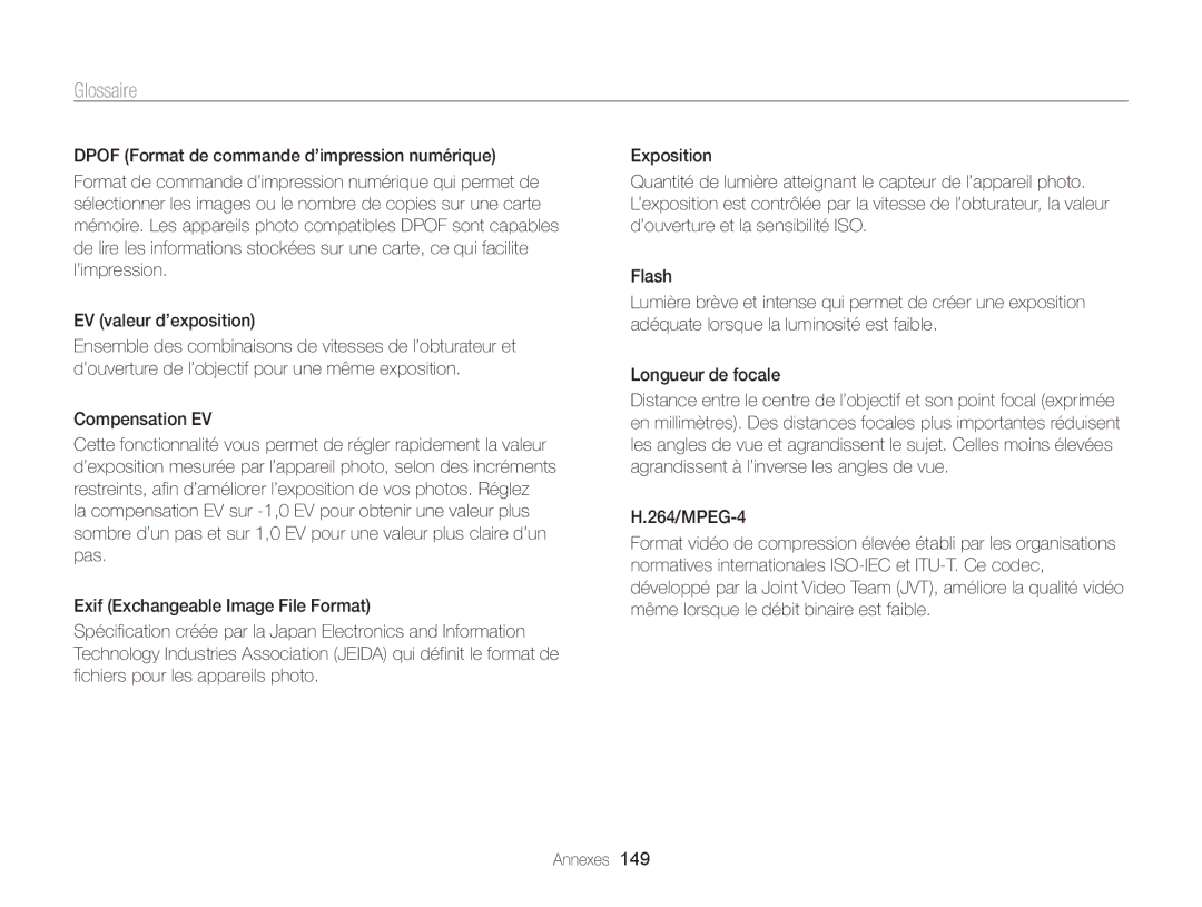 Samsung EC-ST200FBPLFR, EC-ST200FBPBFR, EC-ST200ZBPLE1, EC-ST200FBPRFR, EC-ST200ZBPBE1 manual Glossaire, Compensation EV 