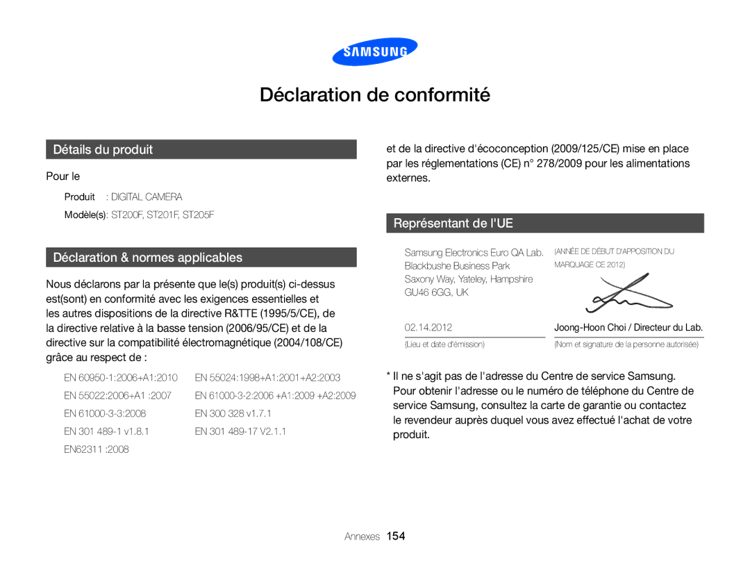 Samsung EC-ST200FBPRFR, EC-ST200FBPBFR, EC-ST200ZBPLE1, EC-ST200ZBPBE1, EC-ST200FBPLE1 Déclaration de conformité, Pour le 