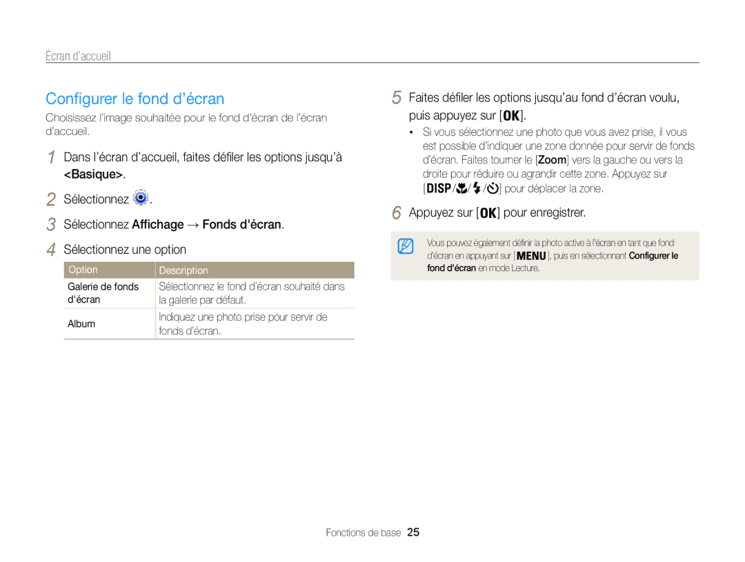 Samsung EC-ST200ZBPRE1 Configurer le fond d’écran, Appuyez sur pour enregistrer, Pour déplacer la zone, Option Description 