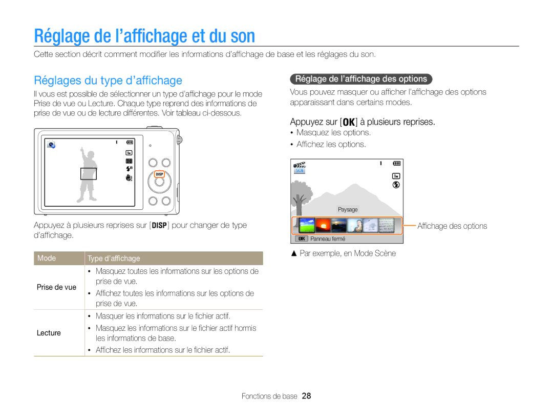 Samsung EC-ST200FBPRFR Réglage de l’affichage et du son, Réglages du type d’affichage, Appuyez sur à plusieurs reprises 