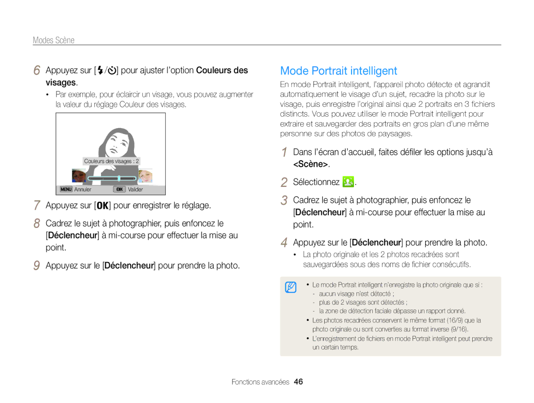 Samsung EC-ST200FBPRFR, EC-ST200FBPBFR Mode Portrait intelligent, Appuyez sur / pour ajuster l’option Couleurs des visages 