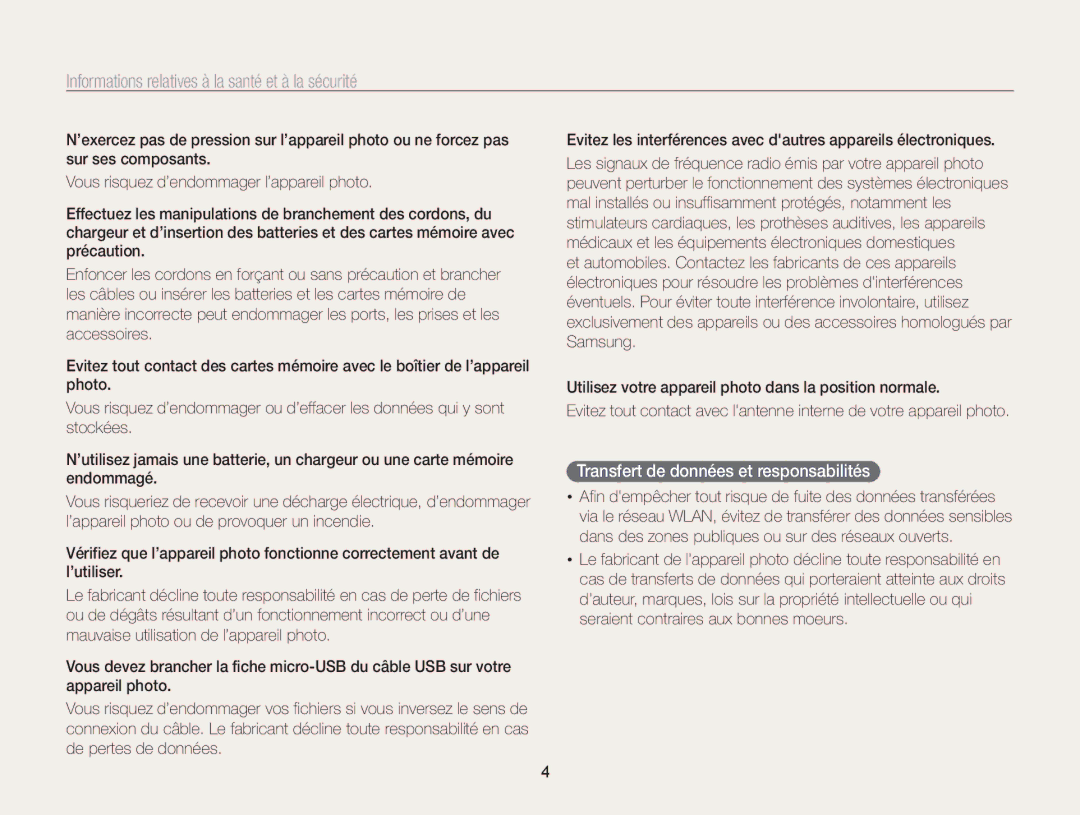 Samsung EC-ST200FBPRE1, EC-ST200FBPBFR, EC-ST200ZBPLE1, EC-ST200FBPRFR manual Transfert de données et responsabilités 