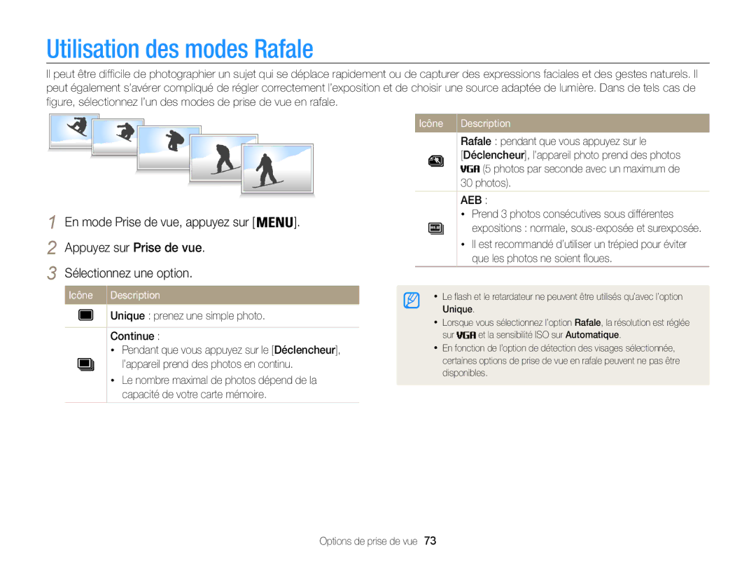 Samsung EC-ST200FBPRFR, EC-ST200FBPBFR manual Utilisation des modes Rafale, Rafale pendant que vous appuyez sur le, Photos 