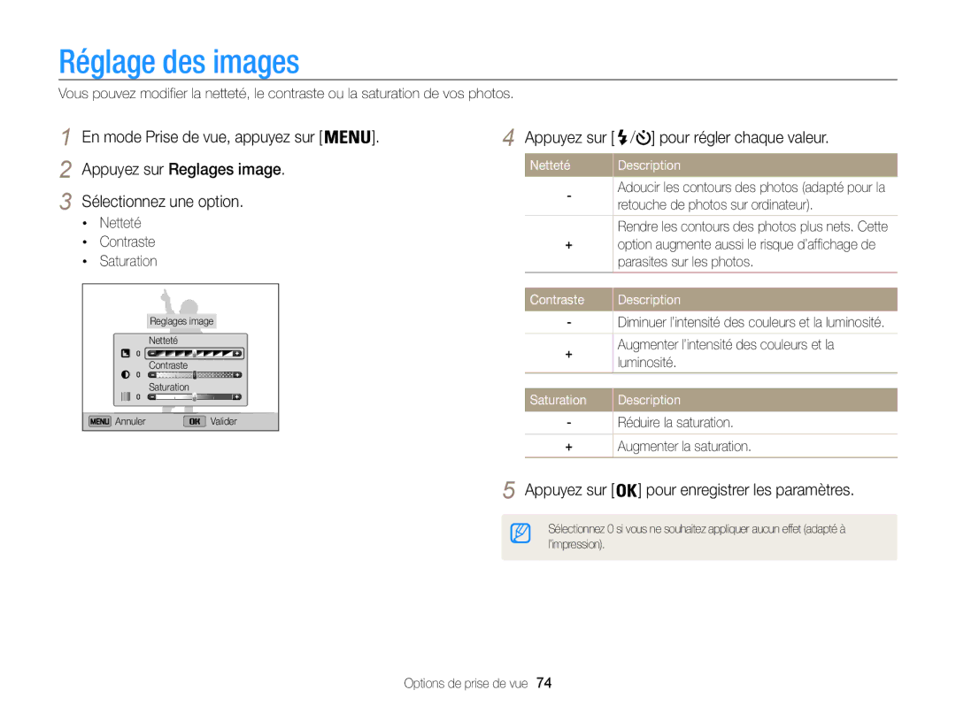 Samsung EC-ST200ZBPBE1 manual Réglage des images, Appuyez sur pour enregistrer les paramètres, Netteté Contraste Saturation 