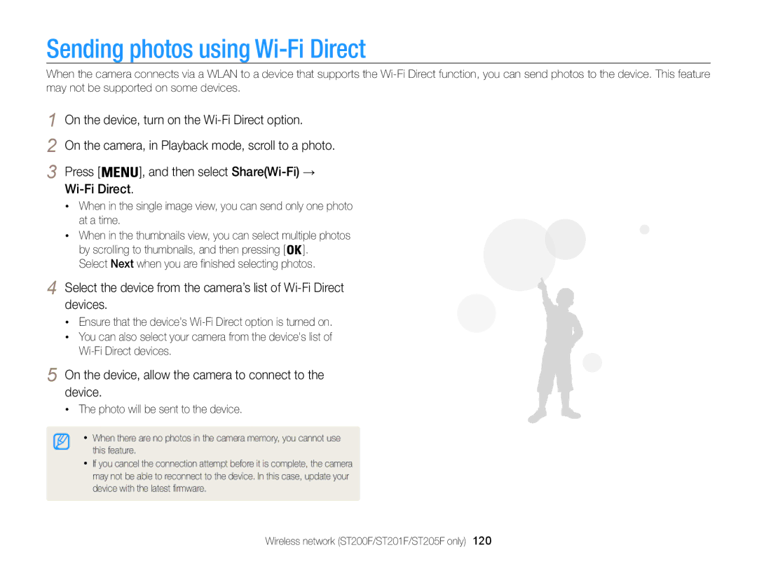 Samsung EC-ST200FBPWIL, EC-ST200FBPBFR Sending photos using Wi-Fi Direct, On the device, turn on the Wi-Fi Direct option 