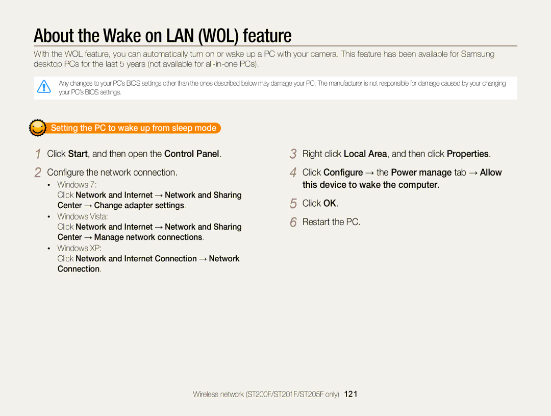 Samsung EC-ST200FBPSRU, EC-ST200FBPBFR manual About the Wake on LAN WOL feature, Setting the PC to wake up from sleep mode 