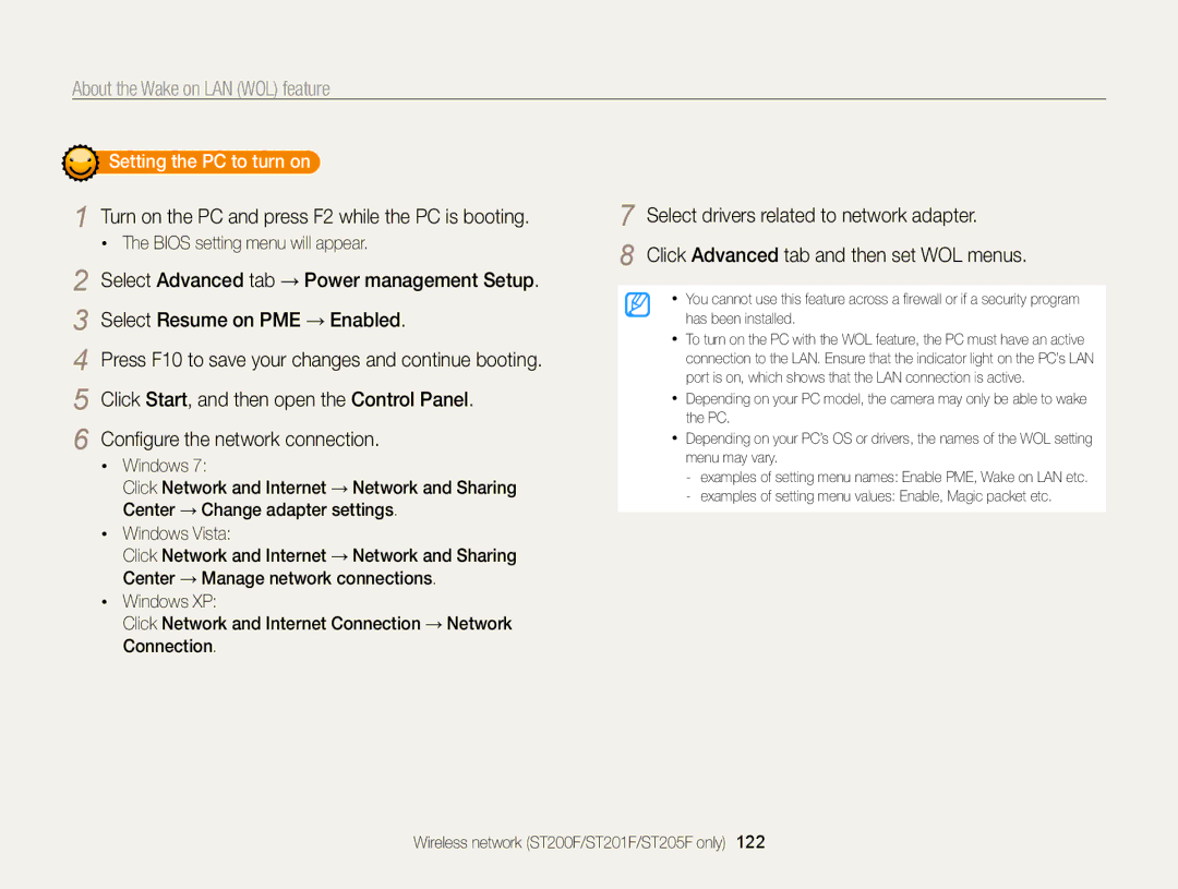 Samsung EC-ST200FBDBKE manual About the Wake on LAN WOL feature, Turn on the PC and press F2 while the PC is booting 