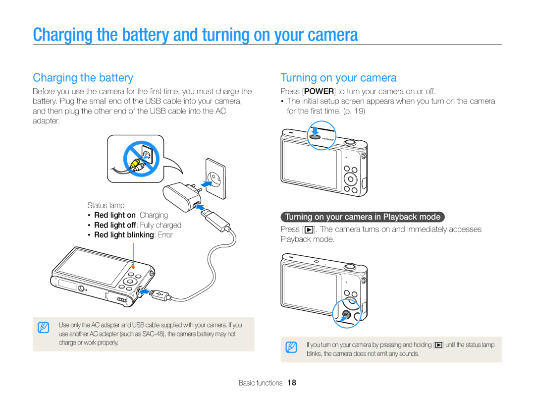 Samsung EC-ST200FBPBRU, EC-ST200FBPBFR manual Charging the battery and turning on your camera, Turning on your camera 