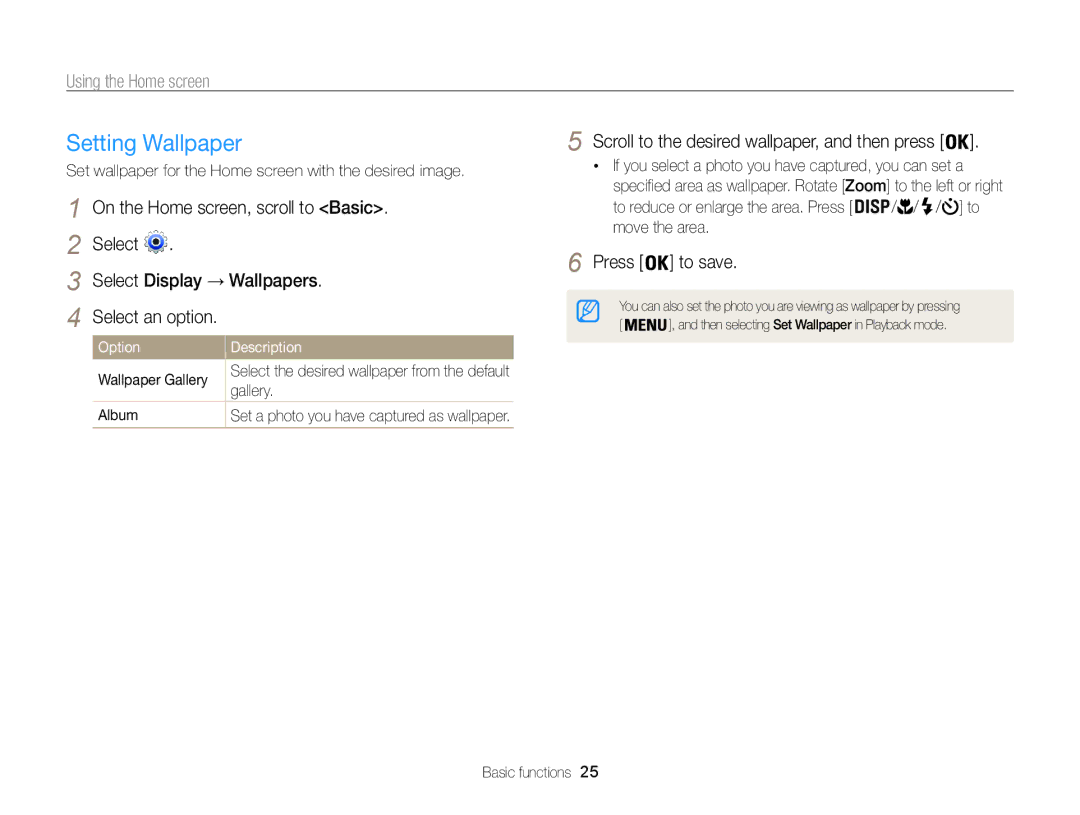 Samsung EC-ST200FDPLME, EC-ST200FBPBFR Setting Wallpaper, Scroll to the desired wallpaper, and then press, Press to save 