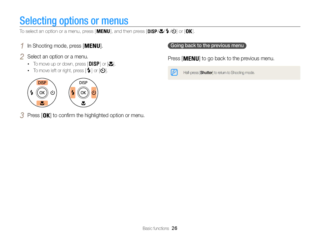 Samsung EC-ST200FBDBVN, EC-ST200FBPBFR manual Selecting options or menus, Shooting mode, press Select an option or a menu 