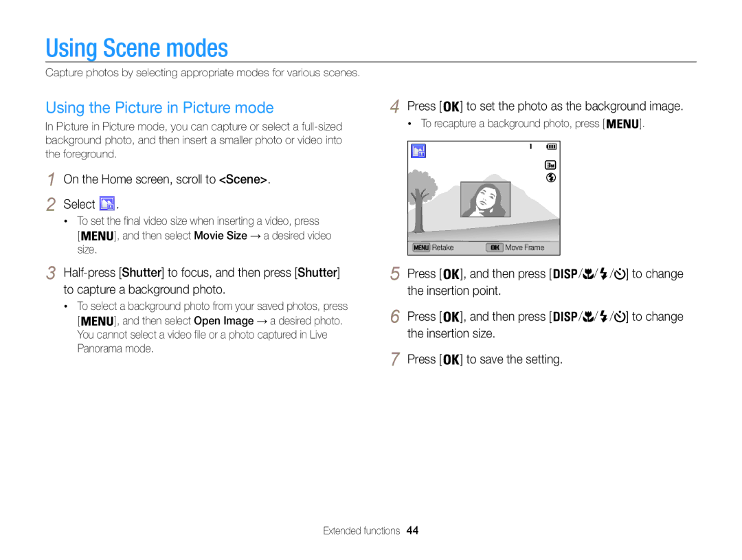 Samsung EC-ST200FBPRRU, EC-ST200FBPBFR, EC-ST200ZBPLE1, EC-ST200FBPRFR Using Scene modes, Using the Picture in Picture mode 