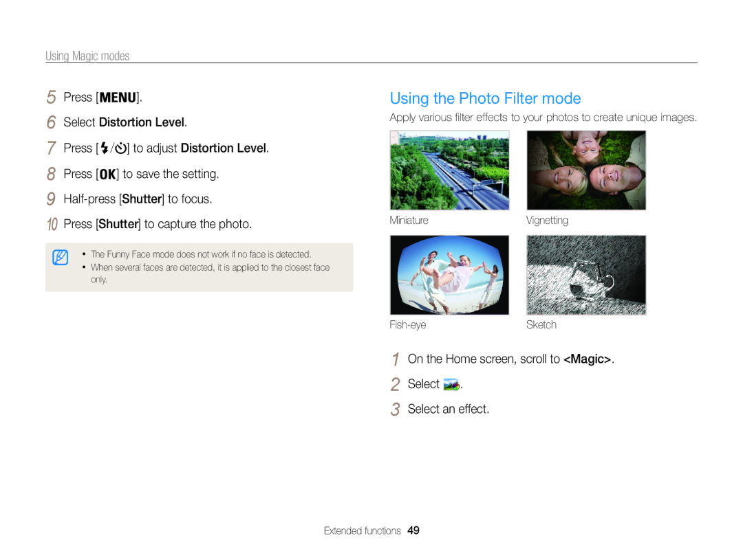 Samsung EC-ST201FBPBRU, EC-ST200FBPBFR manual Using the Photo Filter mode, Using Magic modes, Press Select Distortion Level 