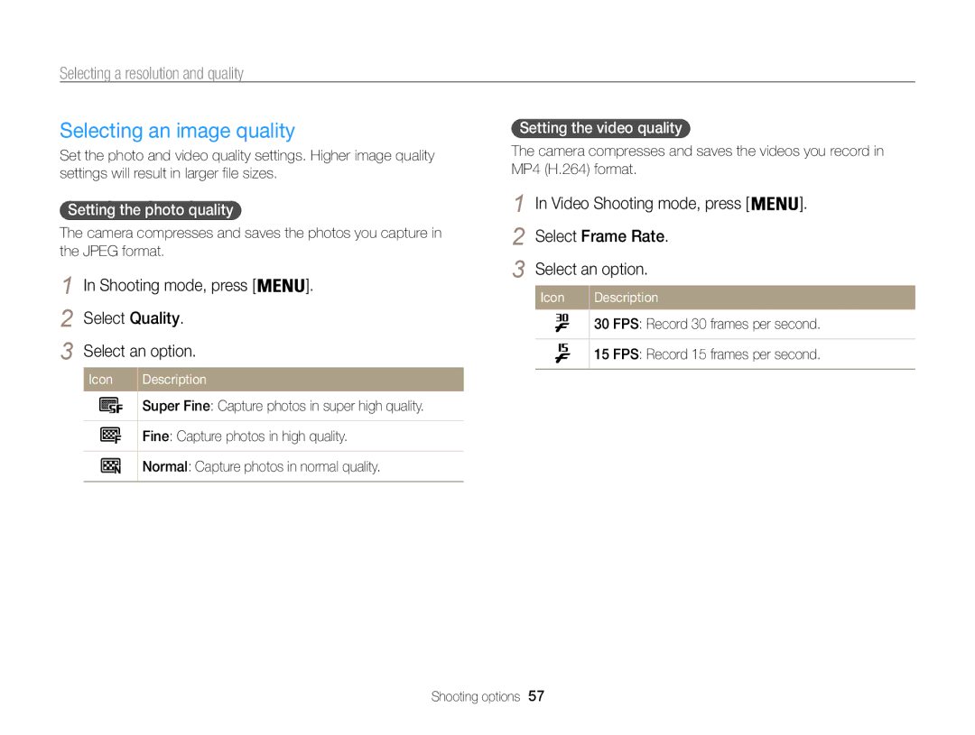 Samsung EC-ST200FBPRE1 Selecting an image quality, Selecting a resolution and quality, Select Frame Rate Select an option 