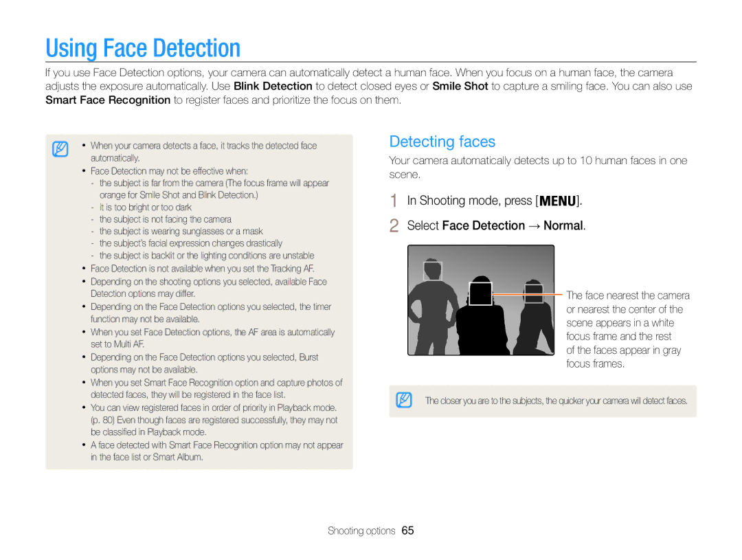 Samsung EC-ST200FDDRME manual Using Face Detection, Detecting faces, Shooting mode, press Select Face Detection → Normal 