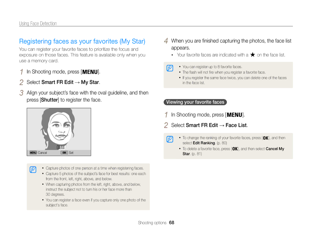 Samsung EC-ST200FBPSRU Registering faces as your favorites My Star, Shooting mode, press Select Smart FR Edit → Face List 