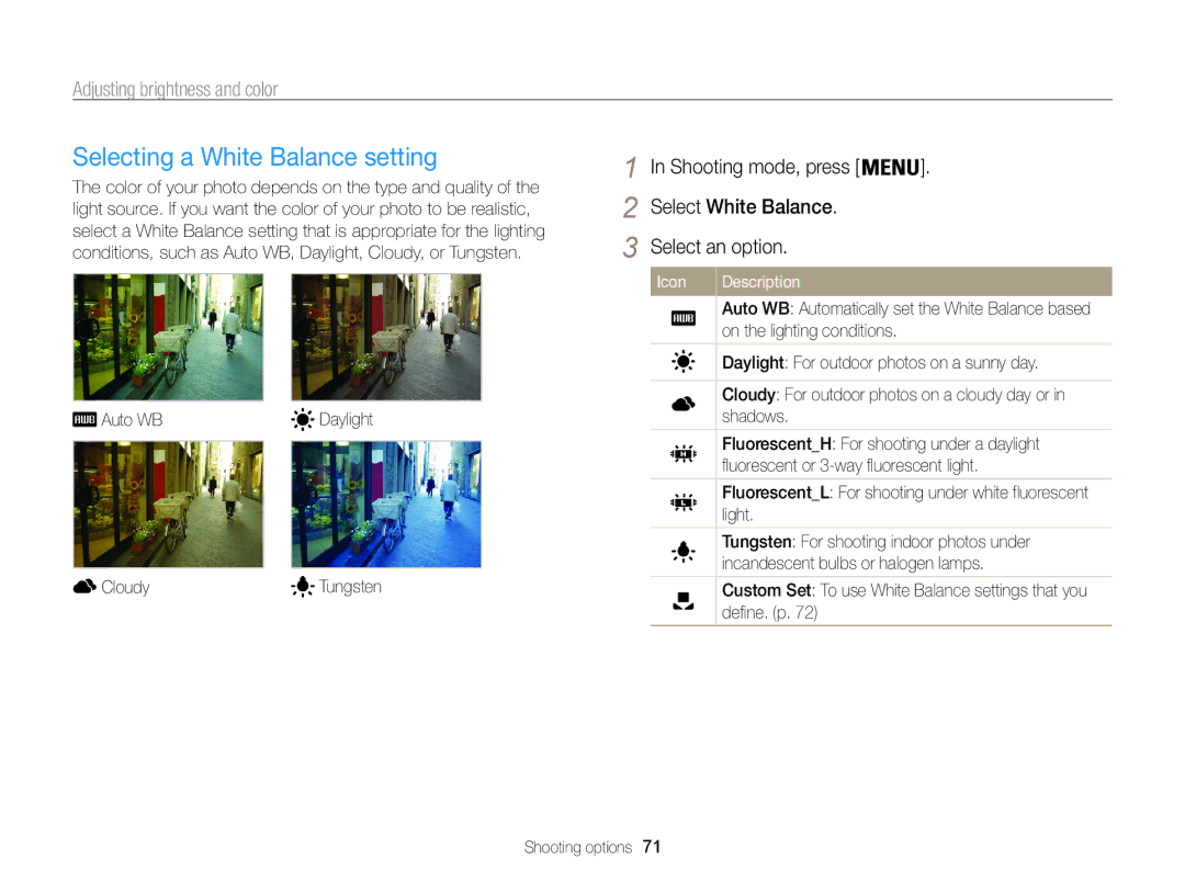 Samsung EC-ST200FBPBRU manual Selecting a White Balance setting, Shooting mode, press Select White Balance Select an option 