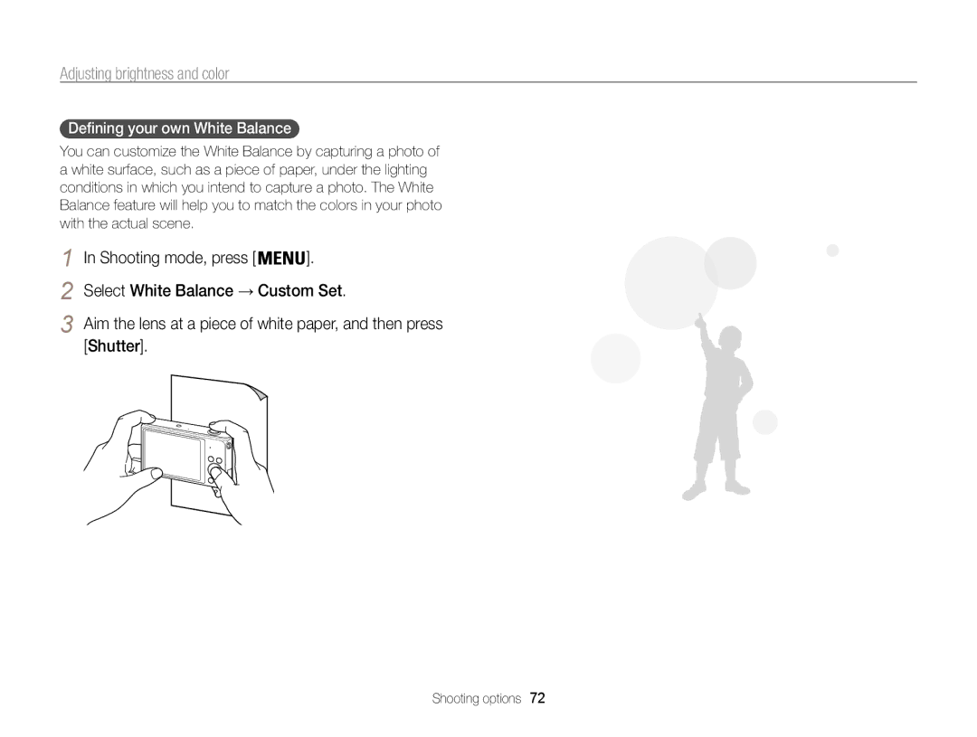 Samsung EC-ST200FBPBAE Shooting mode, press Select White Balance → Custom Set, Shutter, Defining your own White Balance 