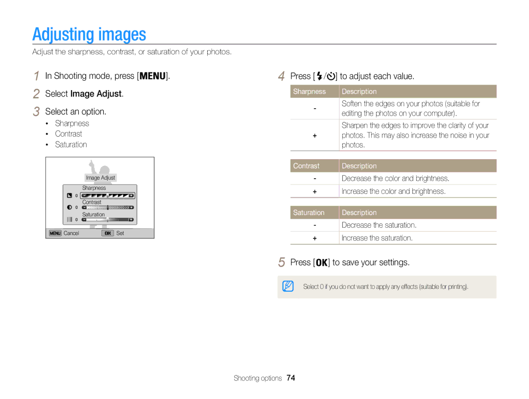 Samsung EC-ST200FDPSME, EC-ST200FBPBFR manual Adjusting images, Shooting mode, press Select Image Adjust Select an option 