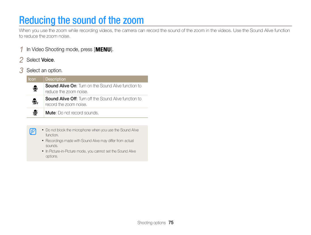 Samsung EC-ST200FDDLME, EC-ST200FBPBFR, EC-ST200ZBPLE1 manual Reducing the sound of the zoom, Select Voice Select an option 