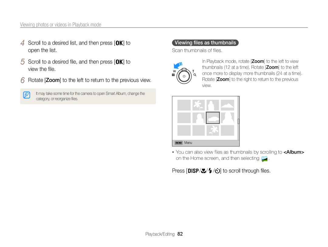 Samsung EC-ST200FBPBE3, EC-ST200FBPBFR manual Open the list, Press To scroll through files, Viewing files as thumbnails 