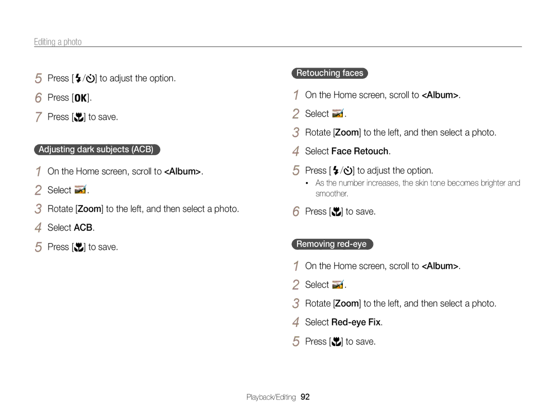 Samsung EC-ST200FBPRE2 manual Press To adjust the option To save, On the Home screen, scroll to Album, Select Face Retouch 