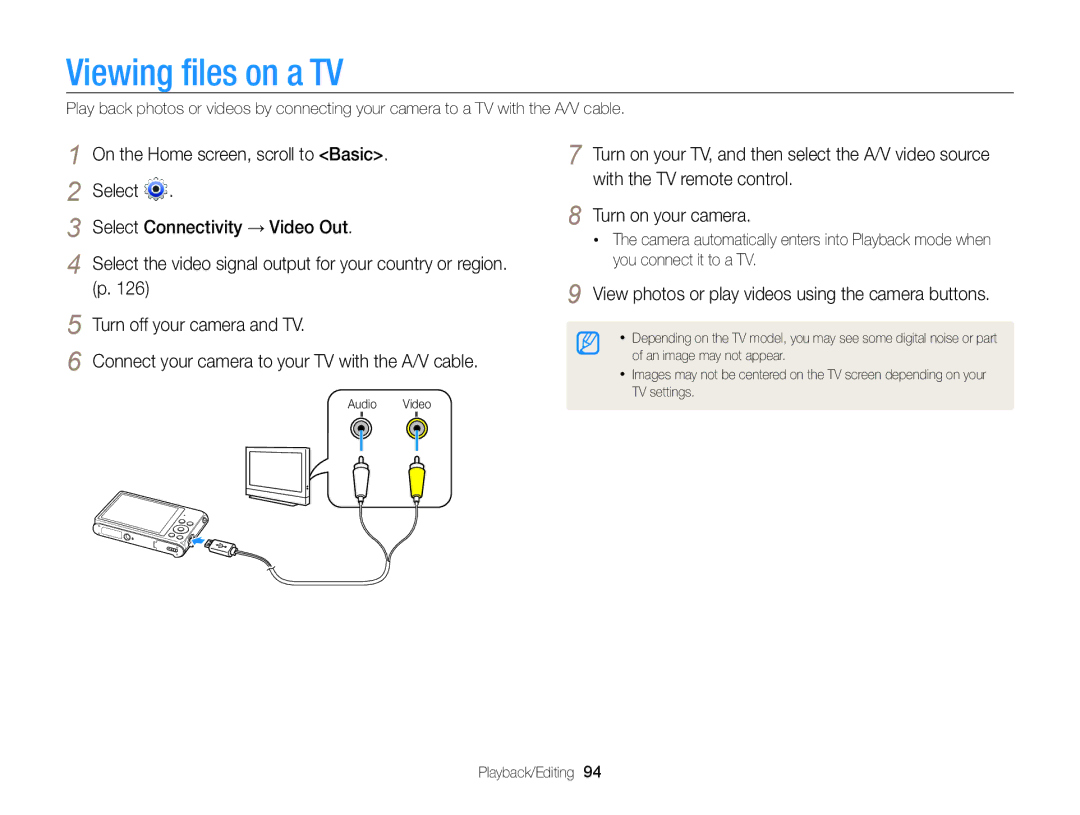 Samsung EC-ST200ZBPSE2, EC-ST200FBPBFR manual Viewing files on a TV, View photos or play videos using the camera buttons 