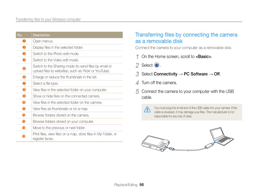 Samsung EC-ST205FBPRRU, EC-ST200FBPBFR, EC-ST200ZBPLE1 manual Connect the camera to your computer as a removable disk 