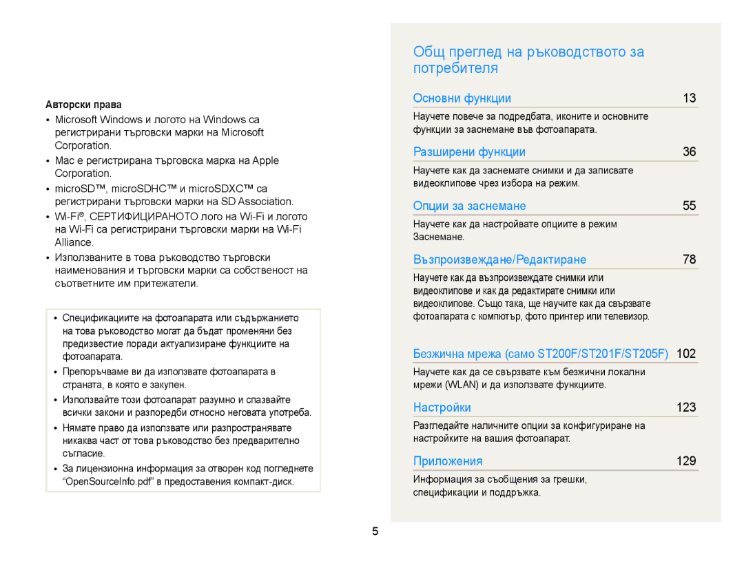 Samsung EC-ST200FBPLE3, EC-ST200FBPBE3, EC-ST200FBPSE3 manual Общ преглед на ръководството за потребителя, Авторски права 
