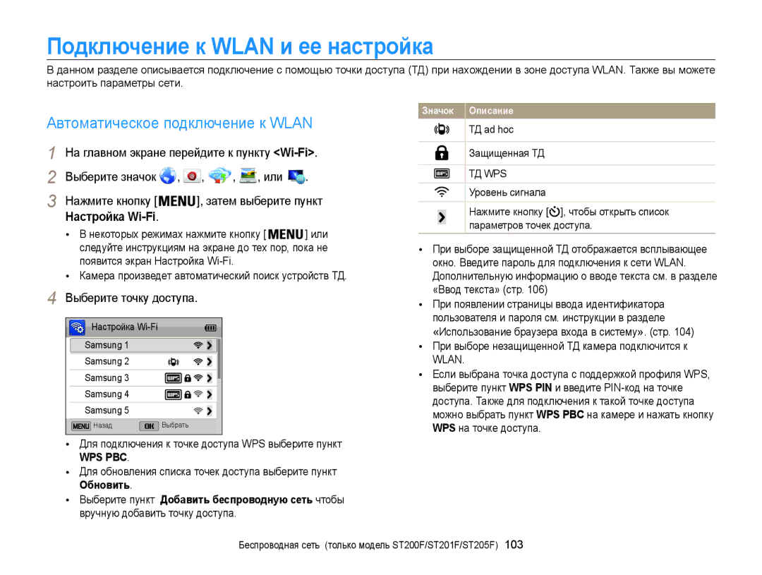 Samsung EC-ST200ZBPRRU manual Подключение к Wlan и ее настройка, Автоматическое подключение к Wlan, Настройка Wi-Fi 