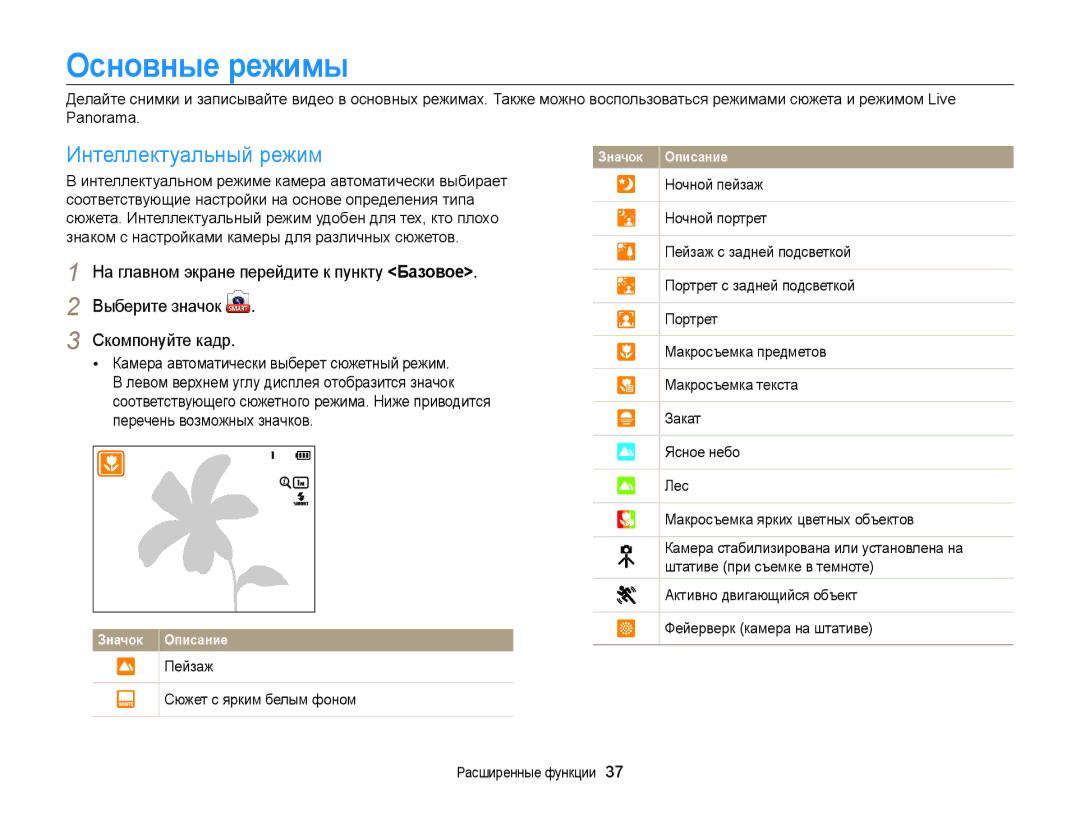 Samsung EC-ST200FBPRRU Основные режимы, Интеллектуальный режим, Пейзаж Сюжет с ярким белым фоном, Расширенные функции 