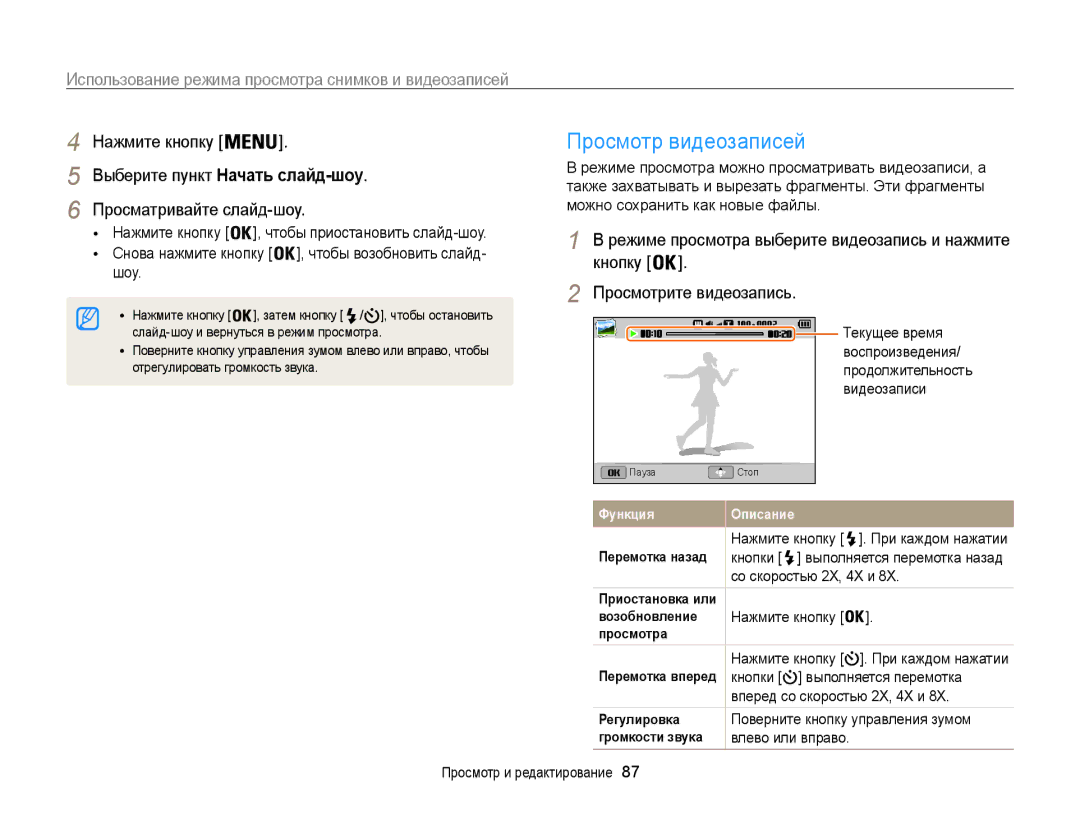 Samsung EC-ST201FBPBRU Просмотр видеозаписей, Выберите пункт Начать слайд-шоу, Просматривайте слайд-шоу, Влево или вправо 