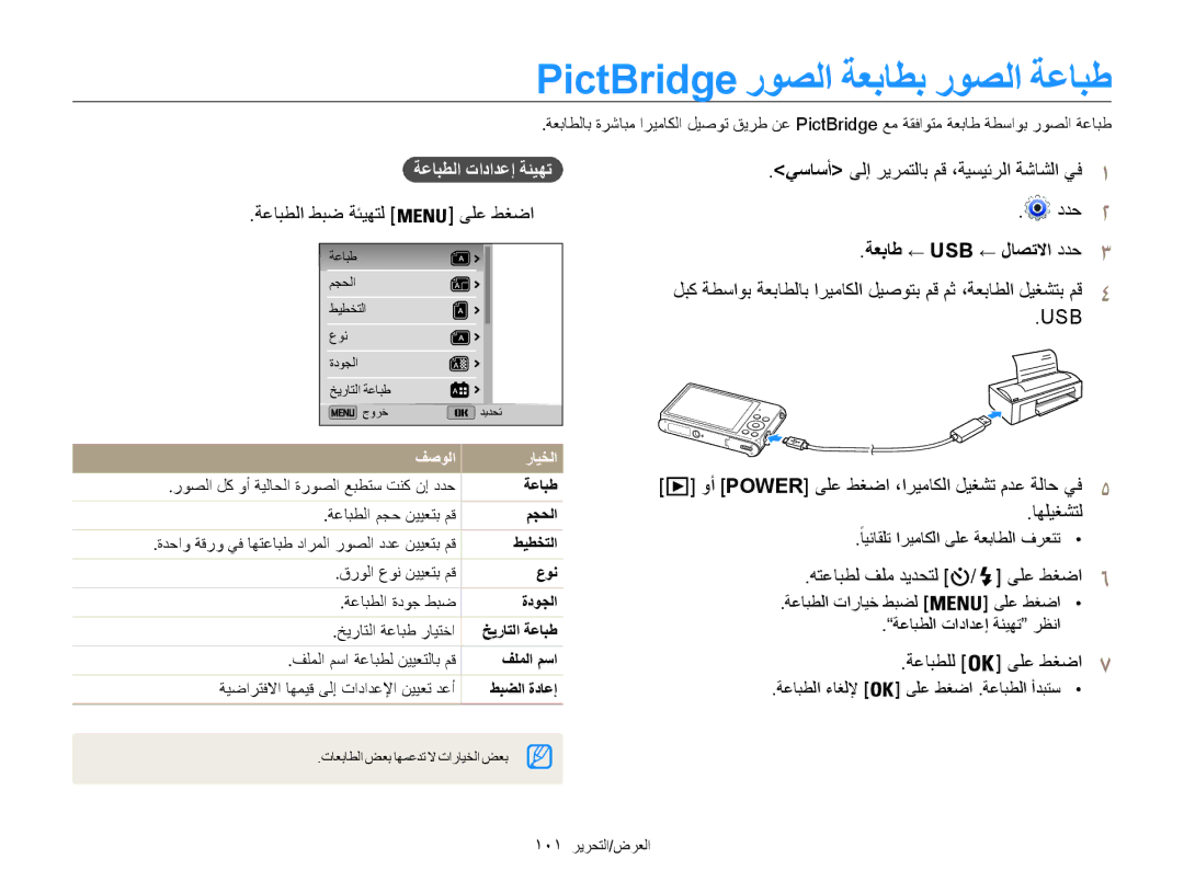 Samsung EC-ST200FBDBKE PictBridge روصلا ةعباطب روصلا ةعابط, ةعباط ← USB ← لاصتلاا ددح3, هتعابطل فلم ديدحتل / ىلع طغضا6 