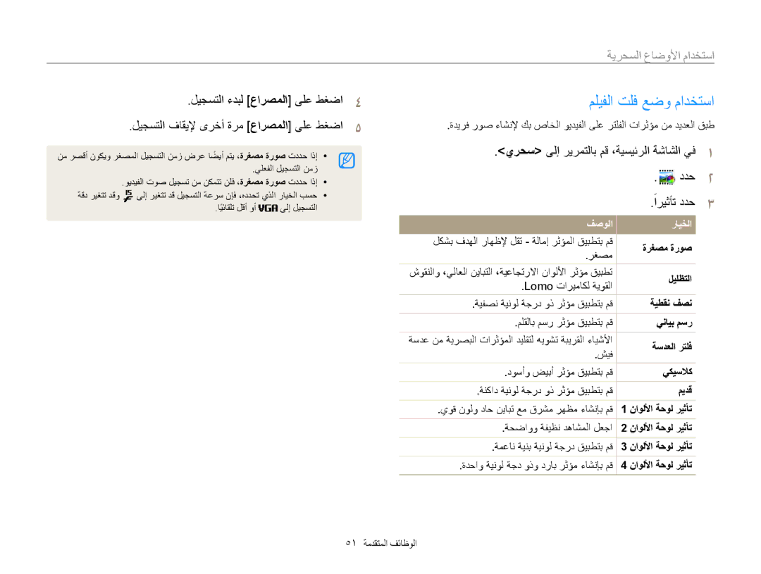 Samsung EC-ST200FDDLME مليفلا تلف عضو مادختسا, يرحس ىلإ ريرمتلاب مق ،ةيسيئرلا ةشاشلا يف1 ددح2 ًاريثأت ددح3, ةرغصم ةروص 