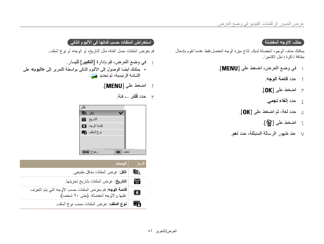 Samsung EC-ST200FDPBIR manual راسيلل ريبكتلا ةرادإب مق ،ضرعلا عضو يف1, يكذلا موبللأا يف اهتائف بسح تافلملا ضارعتسا 