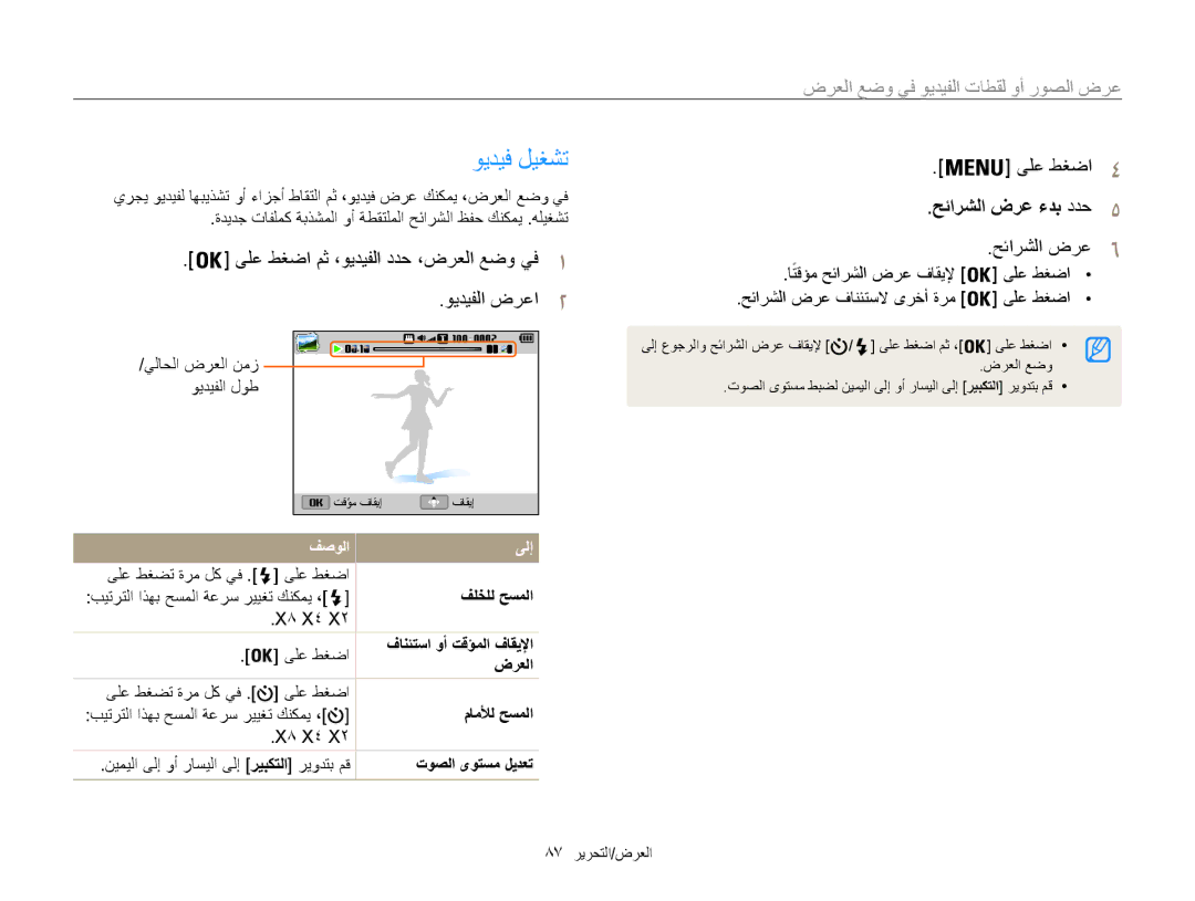 Samsung EC-ST200FBDBKE manual ويديف ليغشت, ىلع طغضا مث ،ويديفلا ددح ،ضرعلا عضو يف1 ويديفلا ضرعا2, حئارشلا ضرع ءدب ددح5 