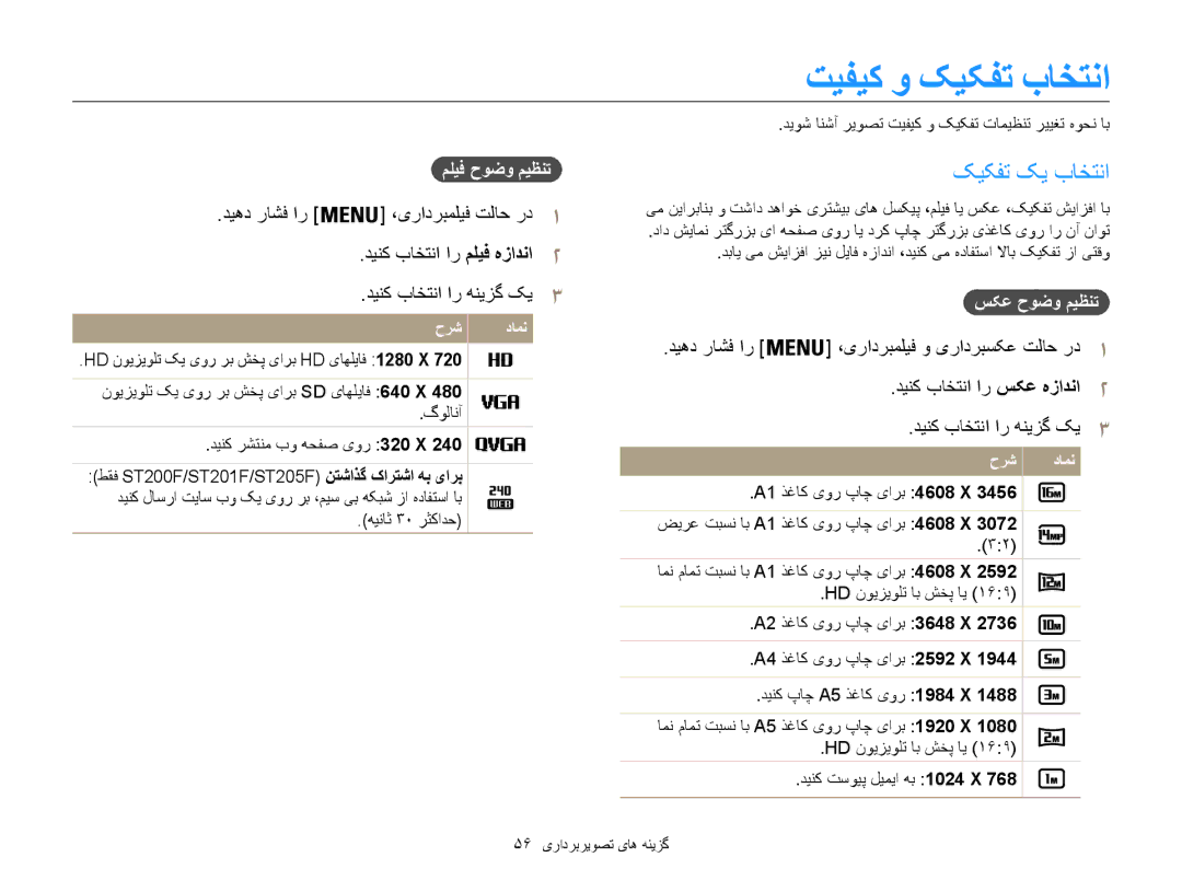 Samsung EC-ST200FDDRME, EC-ST200FDDBME manual تیفیک و کیکفت باختنا, کیکفت کی باختنا, مليف حوضو ميظنت, سکع حوضو ميظنت 