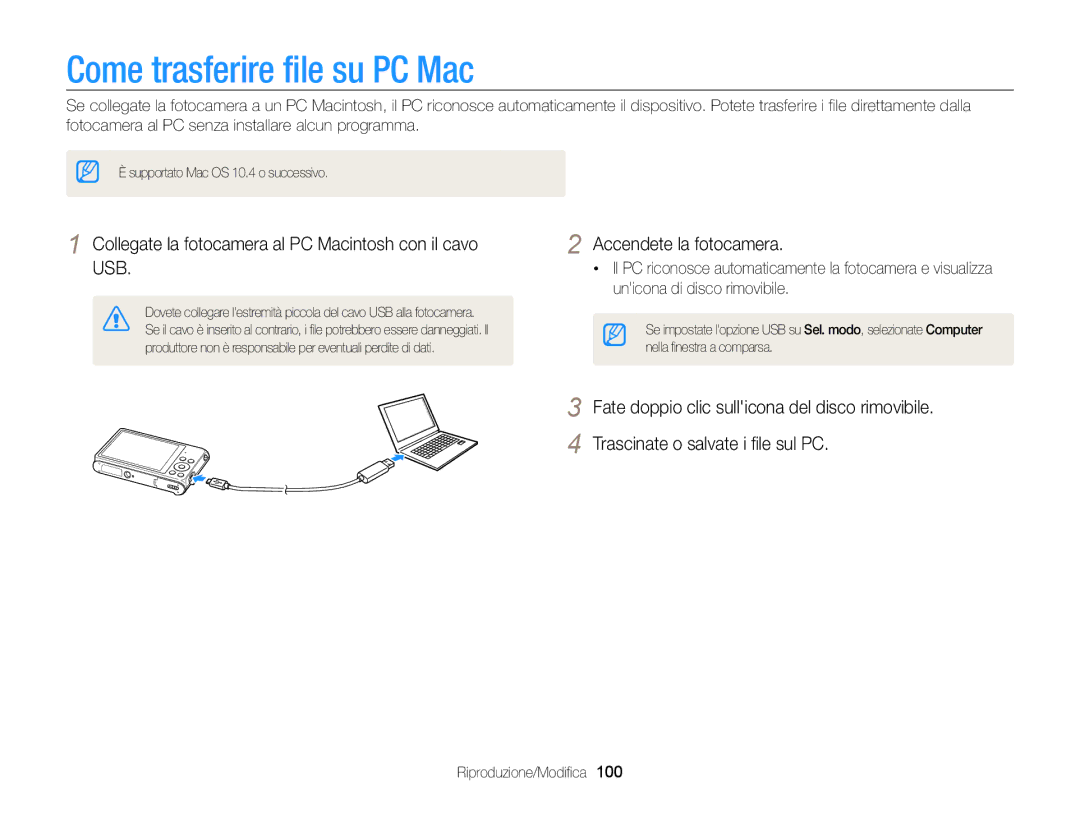 Samsung EC-ST200FDDSME manual Come trasferire file su PC Mac, Collegate la fotocamera al PC Macintosh con il cavo USB 