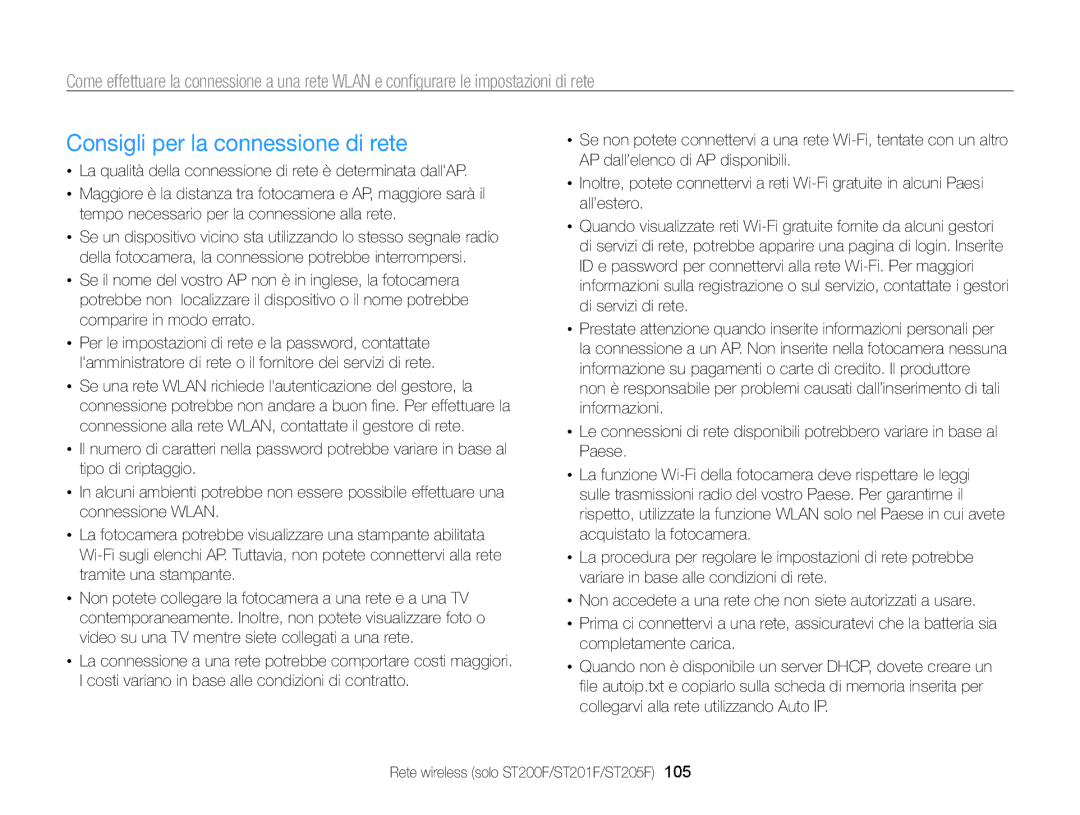 Samsung EC-ST200FBPBE1, EC-ST200ZBPBE1, EC-ST200FBPLE1, EC-ST200FBPWE1, EC-ST200FBPSE1 Consigli per la connessione di rete 