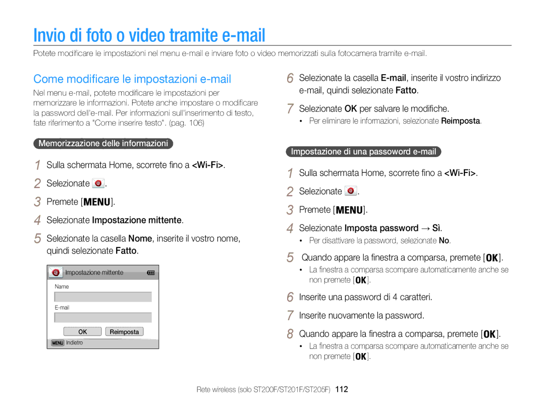 Samsung EC-ST200FBPLE1, EC-ST200ZBPBE1 manual Invio di foto o video tramite e-mail, Come modificare le impostazioni e-mail 