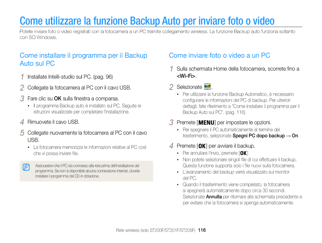 Samsung EC-ST200FDDSME manual Come installare il programma per il Backup Auto sul PC, Come inviare foto o video a un PC 