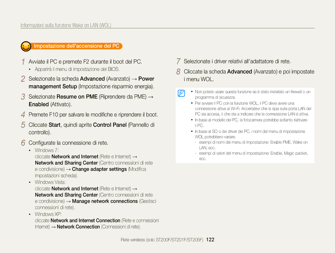 Samsung EC-ST200FBPWE1 Informazioni sulla funzione Wake on LAN WOL, Avviate il PC e premete F2 durante il boot del PC 