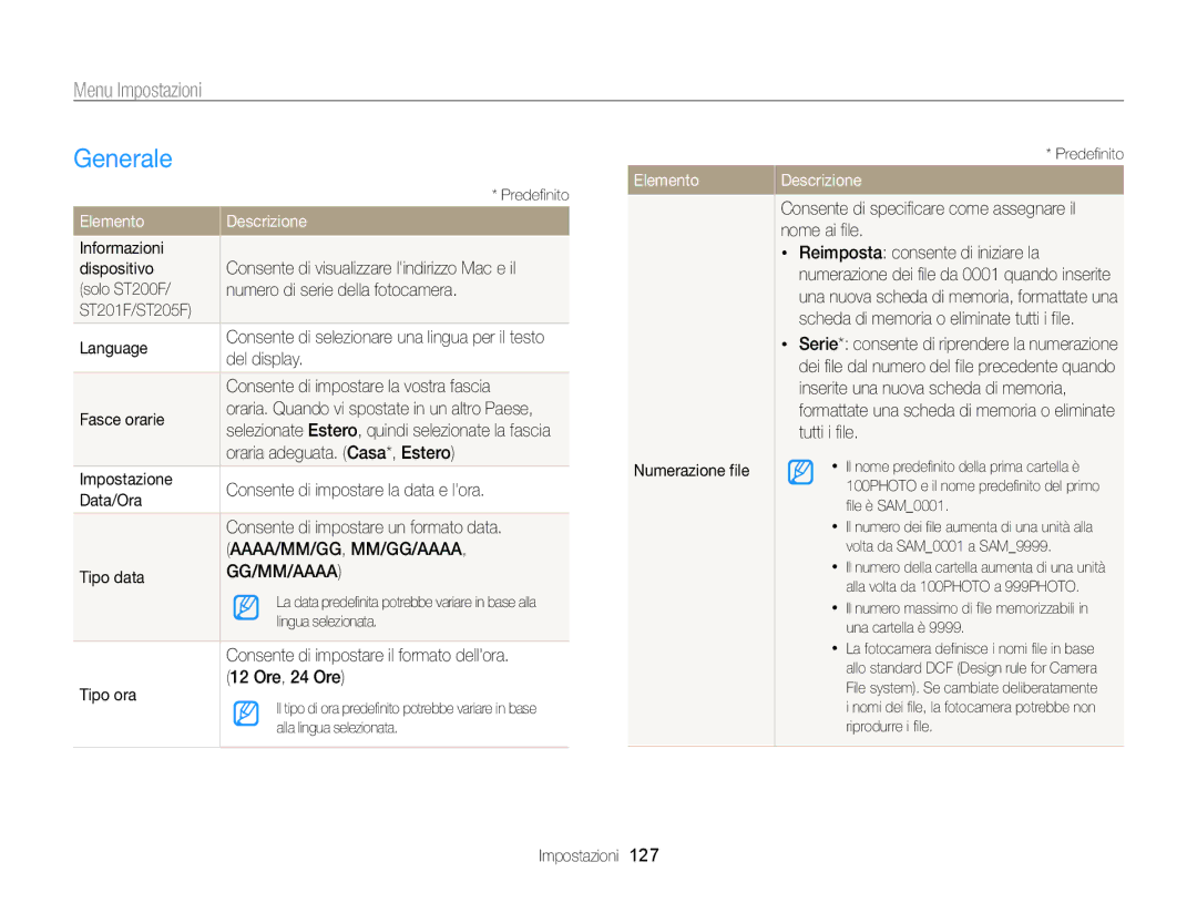 Samsung EC-ST200ZBPBE1 manual Generale, Tipo data, Consente di impostare il formato dellora, Tipo ora 12 Ore, 24 Ore 