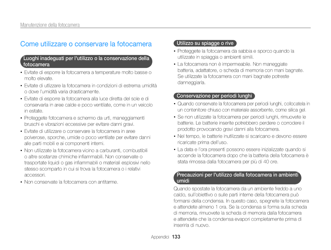 Samsung EC-ST200FDDBME, EC-ST200ZBPBE1 manual Come utilizzare o conservare la fotocamera, Manutenzione della fotocamera 