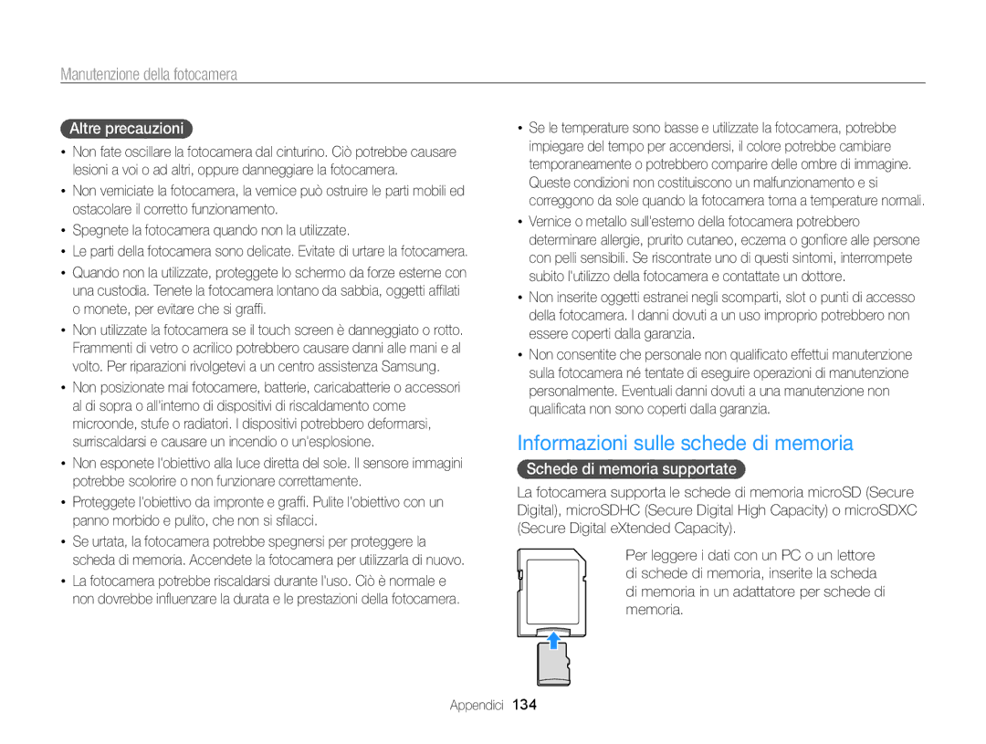 Samsung EC-ST200FDDRME manual Informazioni sulle schede di memoria, Altre precauzioni, Schede di memoria supportate 