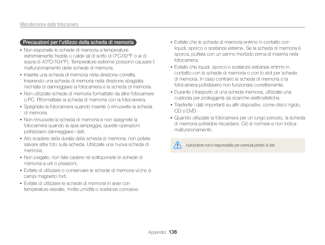 Samsung EC-ST200FBPLE1, EC-ST200ZBPBE1, EC-ST200FBPBE1, EC-ST200FBPWE1 Precauzioni per lutilizzo della scheda di memoria 