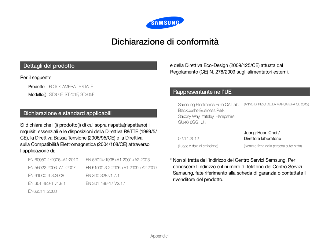 Samsung EC-ST200FBPBE1, EC-ST200ZBPBE1, EC-ST200FBPLE1, EC-ST200FBPWE1 manual Dichiarazione di conformità, Per il seguente 