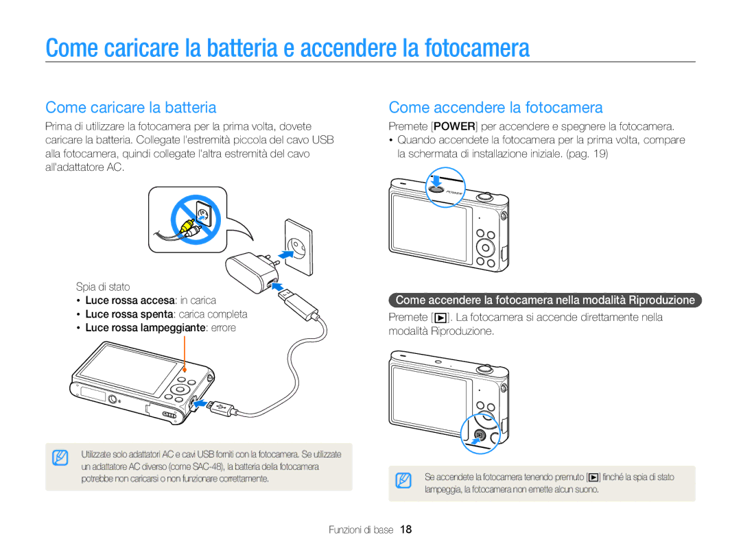 Samsung EC-ST200FBPWE1, EC-ST200ZBPBE1 Come caricare la batteria e accendere la fotocamera, Come accendere la fotocamera 